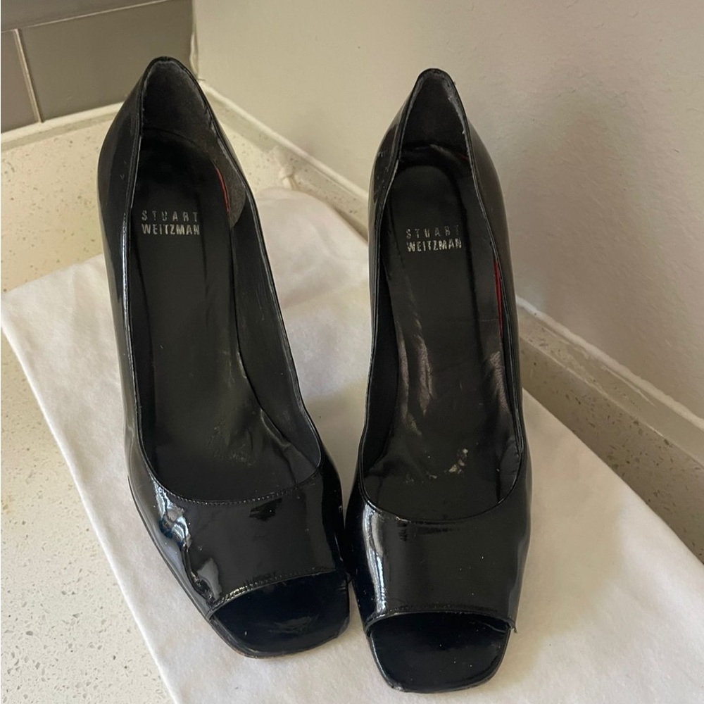 Stuart Weitzman Glossy Black Peep-Toe Heels